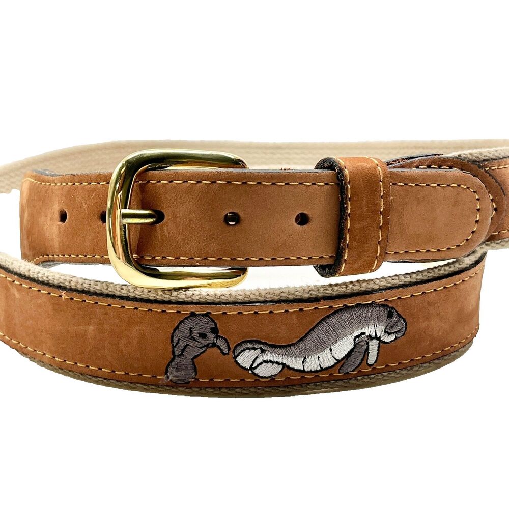 Vtg Zeppelin Mens Manatee Tan Brown Leather Belt Size 46 XL Nautical Brass USA